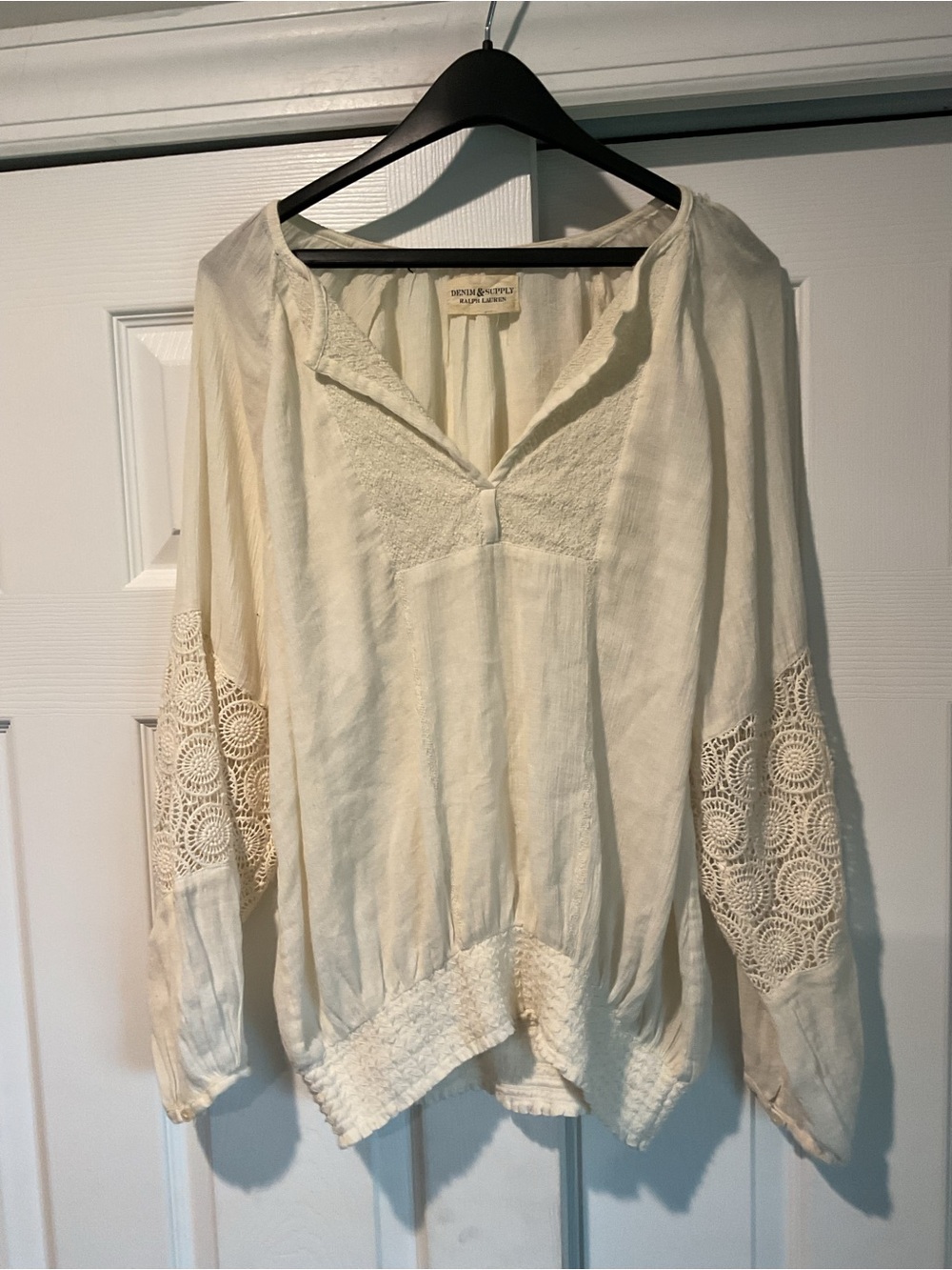 Denim & Supply Ralph Lauren Cream Boho Crochet-Sleeve Peasant Top Shirt Y2K sz L